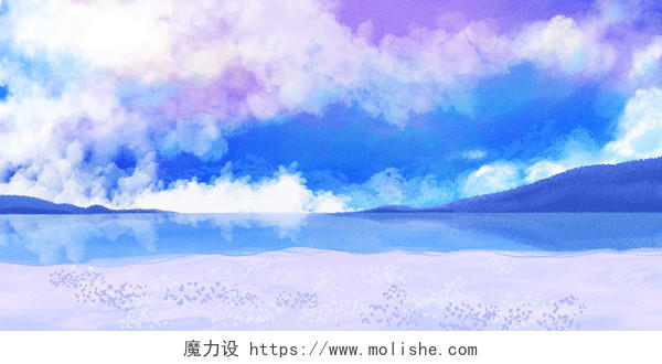 蓝天白云海滩背景手绘插画素材